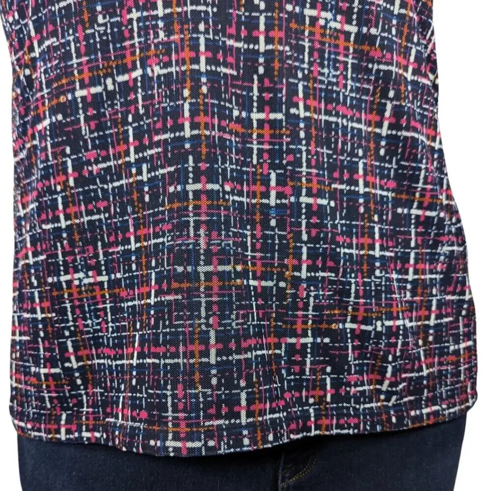 Chico's 2 (Large) Sleeveless Lined Navy Blue V-Neck Geometric Pattern Top